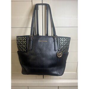 Michael Kors Leather Suede Black Jet Set Travel Tote Handbag Classic Purse